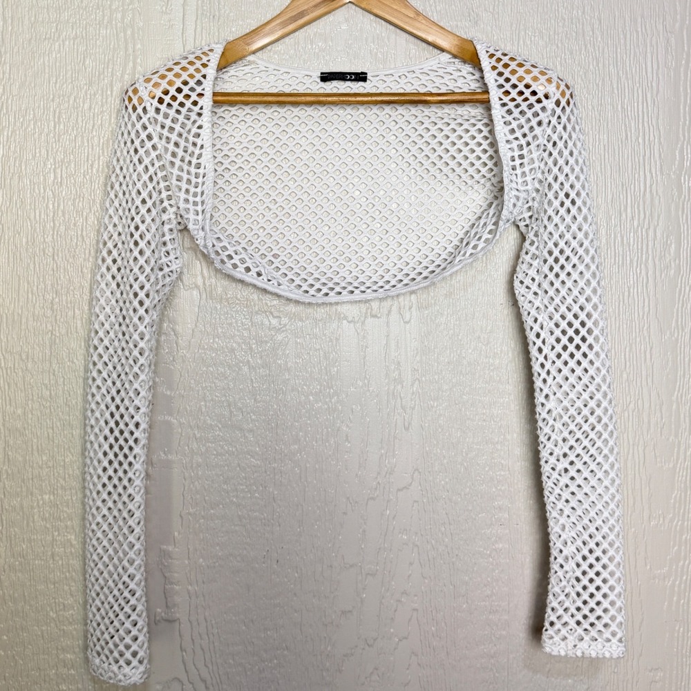Papermoon White Fishnet Shrug Long Sleeve Mesh Bolero Cropped Rave Festival Top
